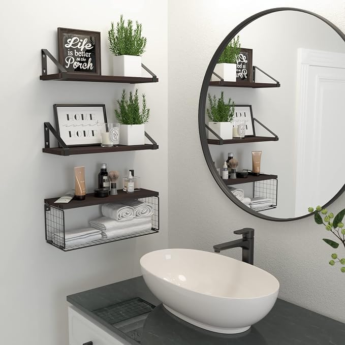2 In 1 Floating Shelves Wall Mounted with Storage Basket Bathroom Shelves Over Toilet Wooden Shelves for Bedroom Living Room Kitchen Office Wall Decor