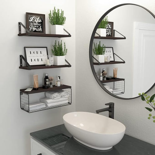 2 In 1 Floating Shelves Wall Mounted with Storage Basket Bathroom Shelves Over Toilet Wooden Shelves for Bedroom Living Room Kitchen Office Wall Decor