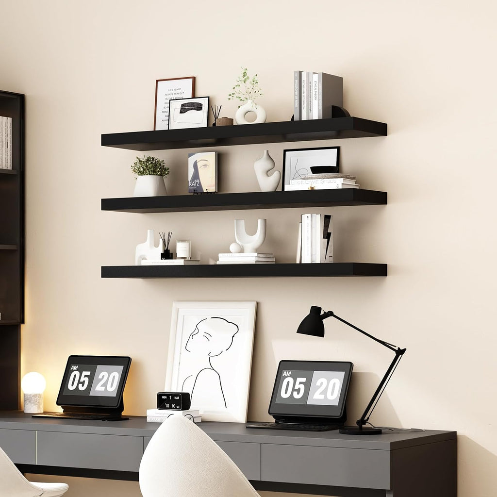 48 Inch Black Mission Floating Shelves for Wall, Bathroom Wall Mount Shelves, Wood Modern Display Shelves, Book Shelves,For Bedroom,Living Room and Kitchen