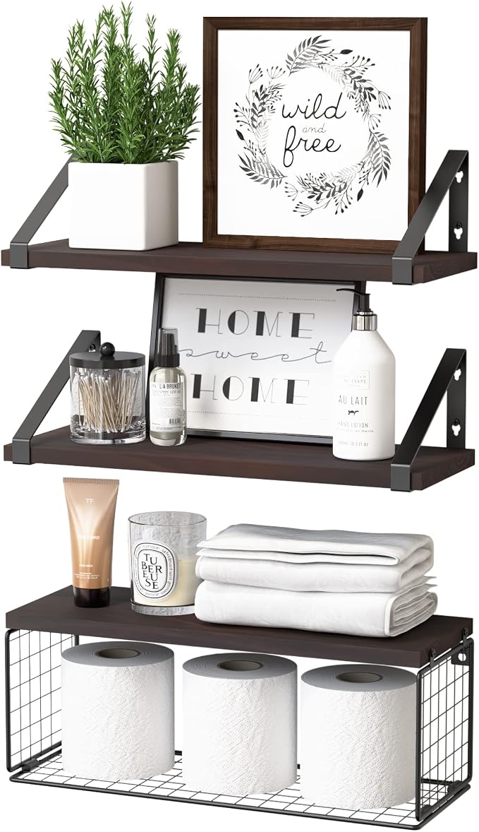 2 In 1 Floating Shelves Wall Mounted with Storage Basket Bathroom Shelves Over Toilet Wooden Shelves for Bedroom Living Room Kitchen Office Wall Decor