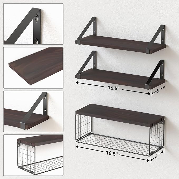2 In 1 Floating Shelves Wall Mounted with Storage Basket Bathroom Shelves Over Toilet Wooden Shelves for Bedroom Living Room Kitchen Office Wall Decor